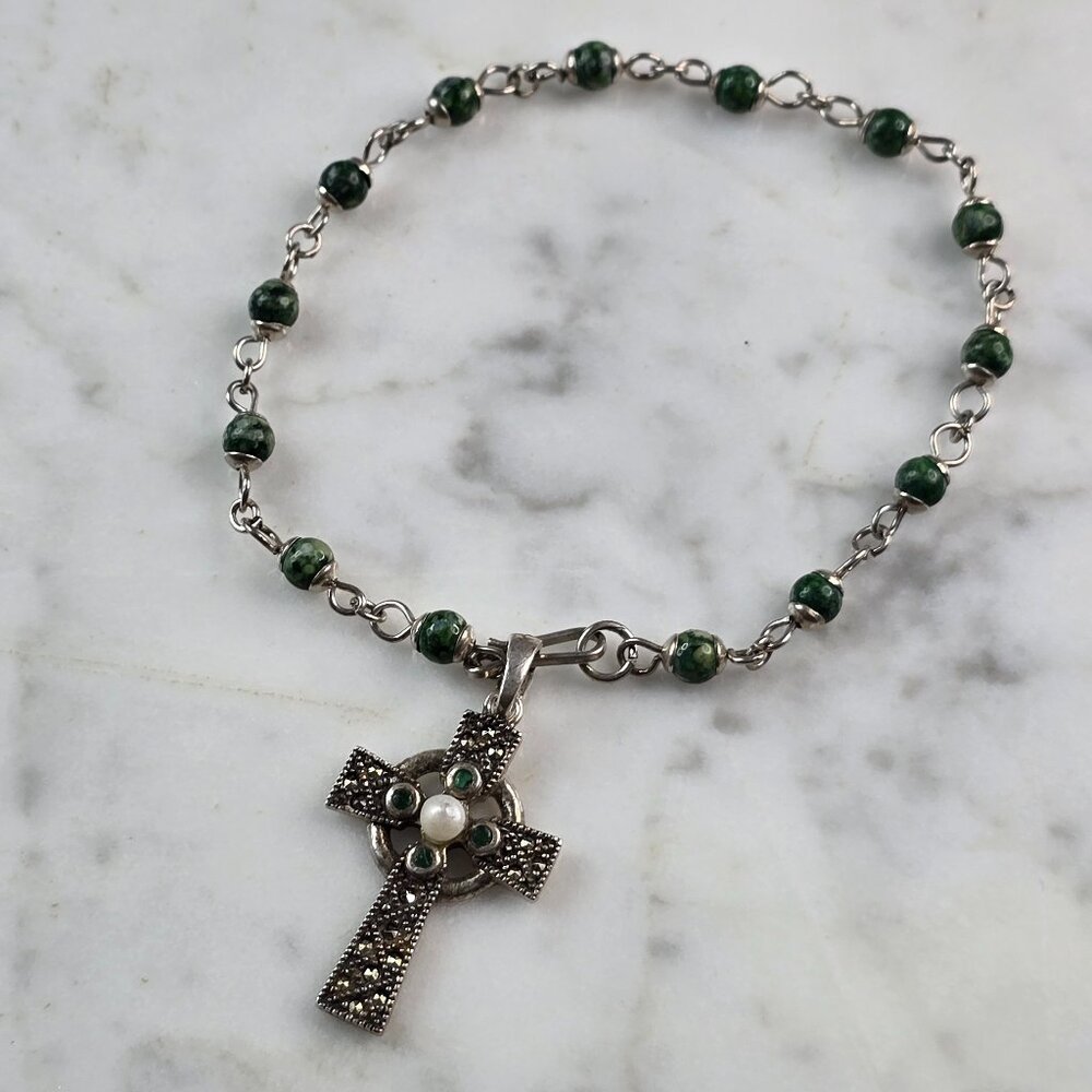 Womens Vintage Solvar Sterling Silver Beaded Celtic Cross Bracelet 6.8g E3844